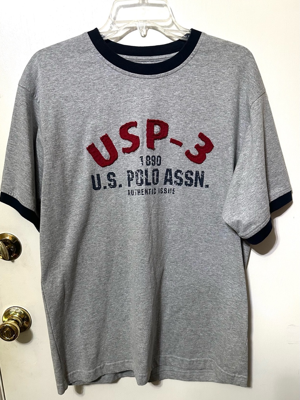 U.S. Polo Assn. Gray Short Sleeve Crewneck Tee with Red Chest Logo and Navy Trim